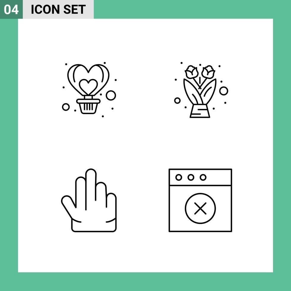 Piktogramm-Set aus 4 einfachen Filledline-Flachfarben der Lufthandherz-Blumenstrauß-App editierbare Vektordesign-Elemente vektor