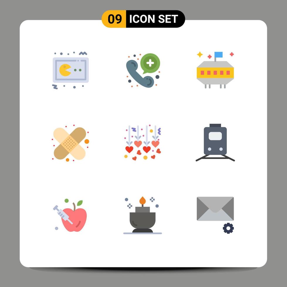 piktogram uppsättning av 9 enkel platt färger av smekmånad hängande bröllop telefon först hjälpa band hjälpa redigerbar vektor design element