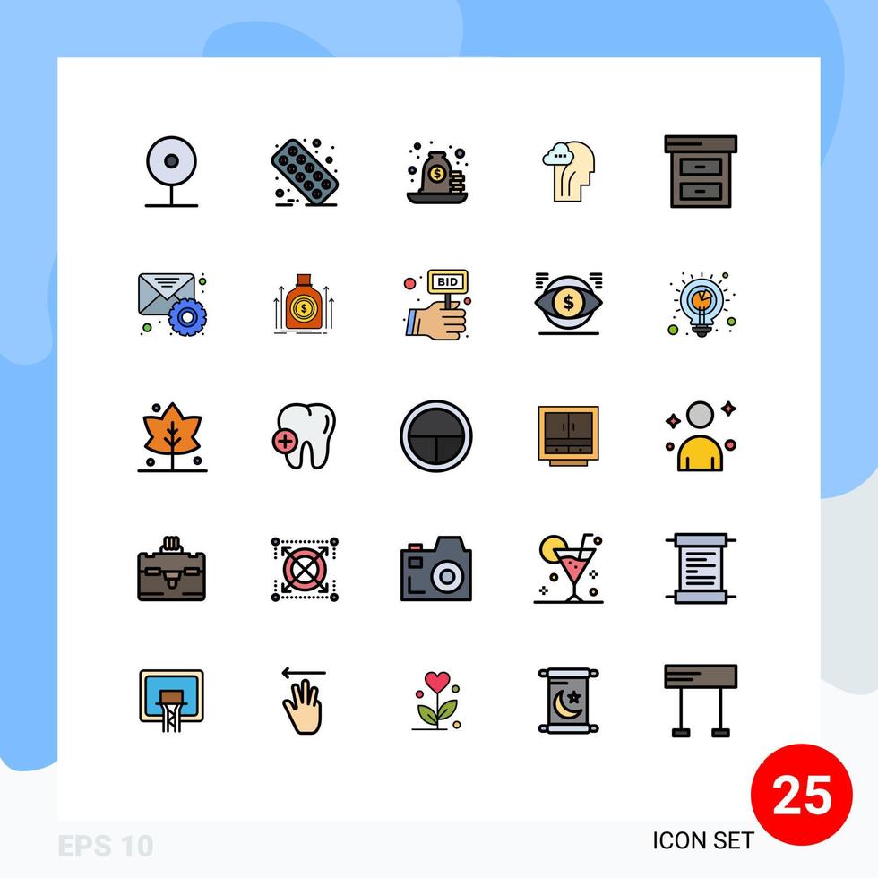 Gruppe von 25 gefüllten flachen Farbzeichen und Symbolen für Kopf-Gehirn-Tablet-Aktivitätstasche editierbare Vektordesign-Elemente vektor