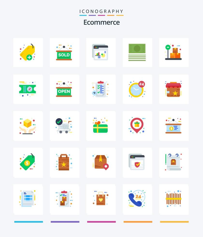 kreatives E-Commerce-Paket mit 25 flachen Symbolen wie Gewicht. Kasten. Diagramm. Laden. Kasse vektor