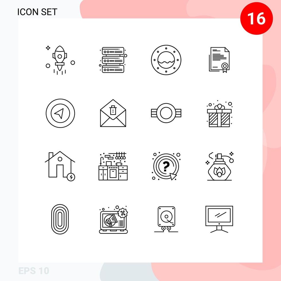Stock Vector Icon Pack mit 16 Zeilen Zeichen und Symbolen für Navigationspapier Bullauge Brief Diplom editierbare Vektordesign-Elemente