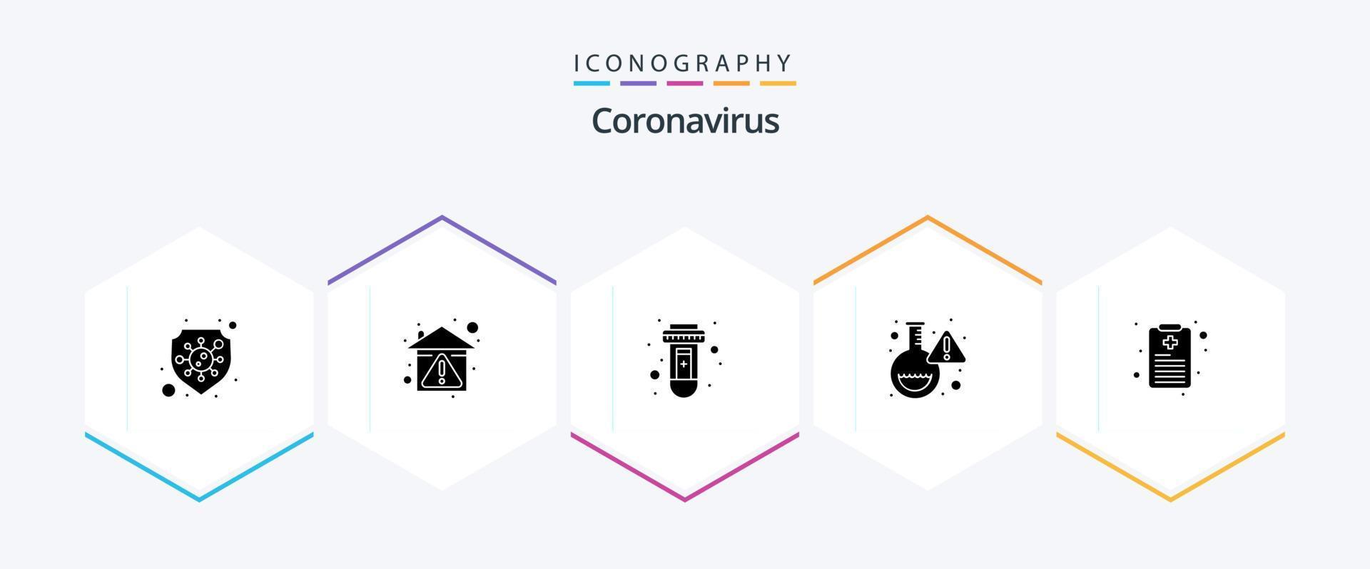 Coronavirus 25 Glyphen-Symbolpaket einschließlich Patientenakte. Virus. Blut. Forschung. Flasche vektor