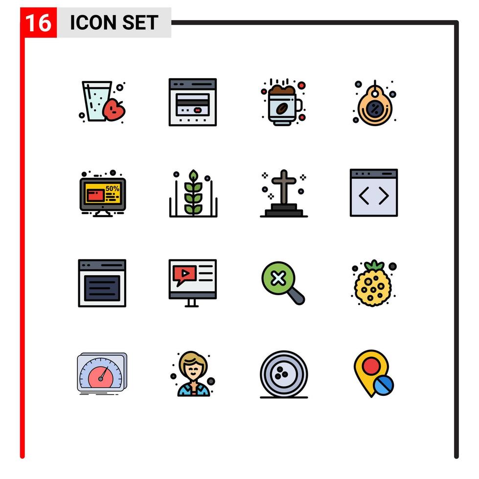 16 platt Färg fylld linje begrepp för webbplatser mobil och appar rabatt pris uppkopplad märka kopp redigerbar kreativ vektor design element