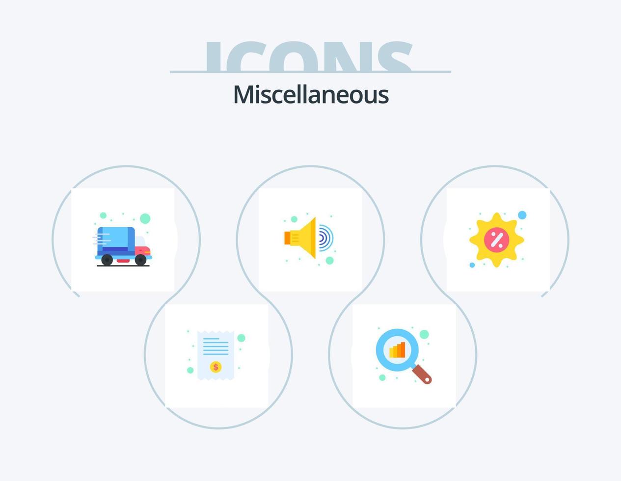 Verschiedenes flaches Icon Pack 5 Icon Design. Werbeaktion. Lieferung. Klang. Lautsprecher vektor