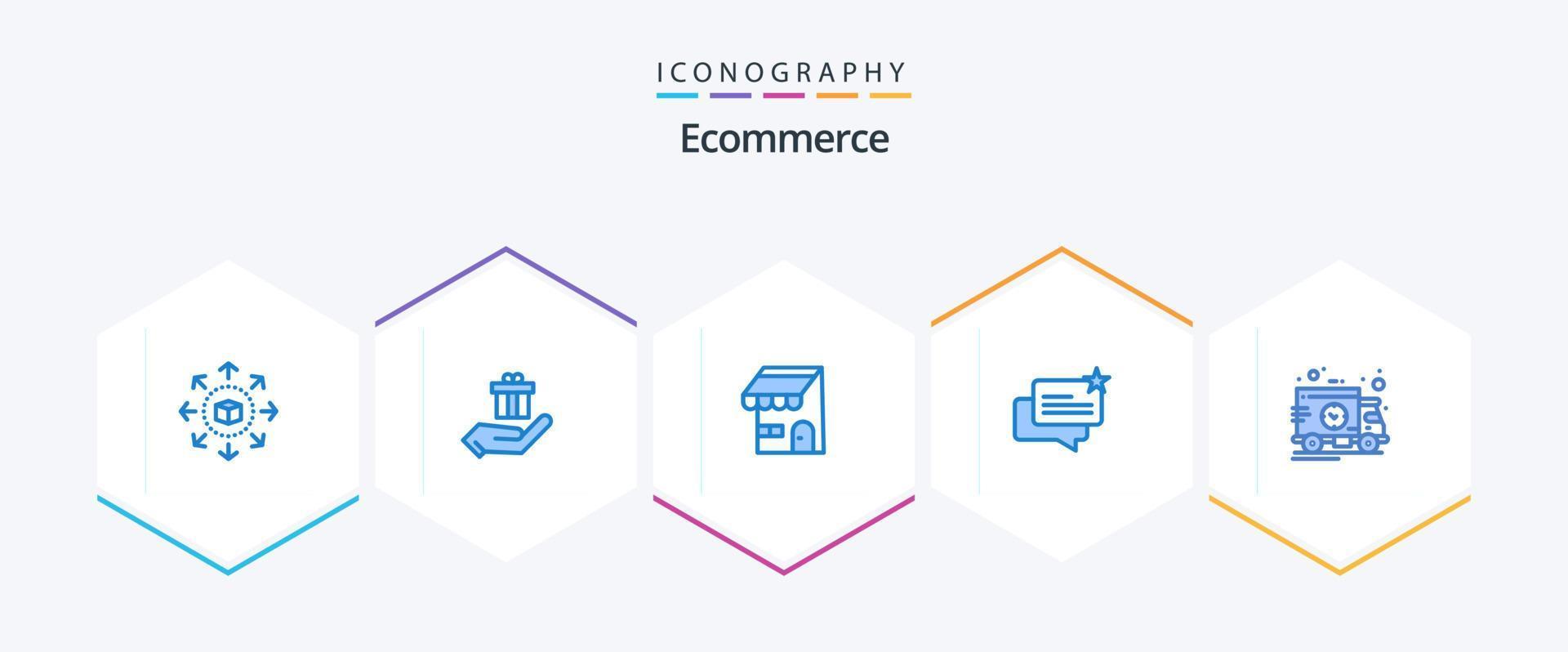 e-handel 25 blå ikon packa Inklusive tid. affär. byggnad. uppkopplad. chatt vektor