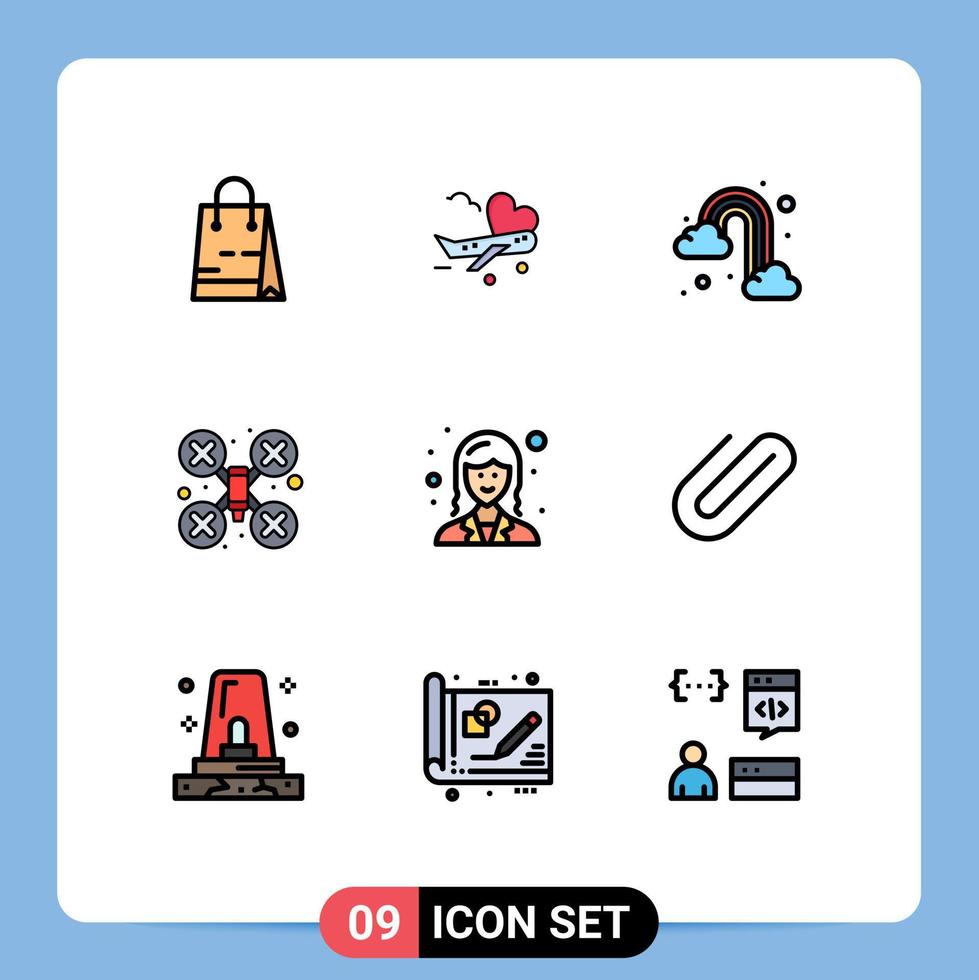 piktogram uppsättning av 9 enkel fylld linje platt färger av anställd Drönare robot regn Drönare kamera kam redigerbar vektor design element