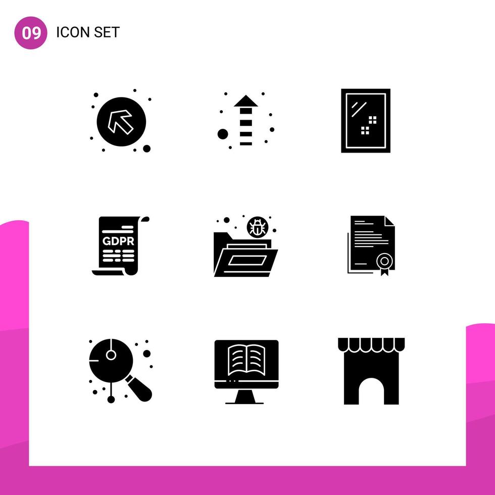 modern uppsättning av 9 fast glyfer och symboler sådan som mapp insekt spegel allmän data skydd form redigerbar vektor design element