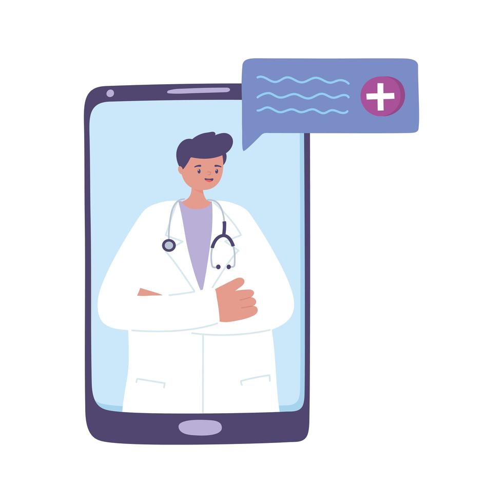 Telemedizin, männliche Arzt Smartphone Chat Remote-Beratung Behandlung und Online-Gesundheitsdienste vektor