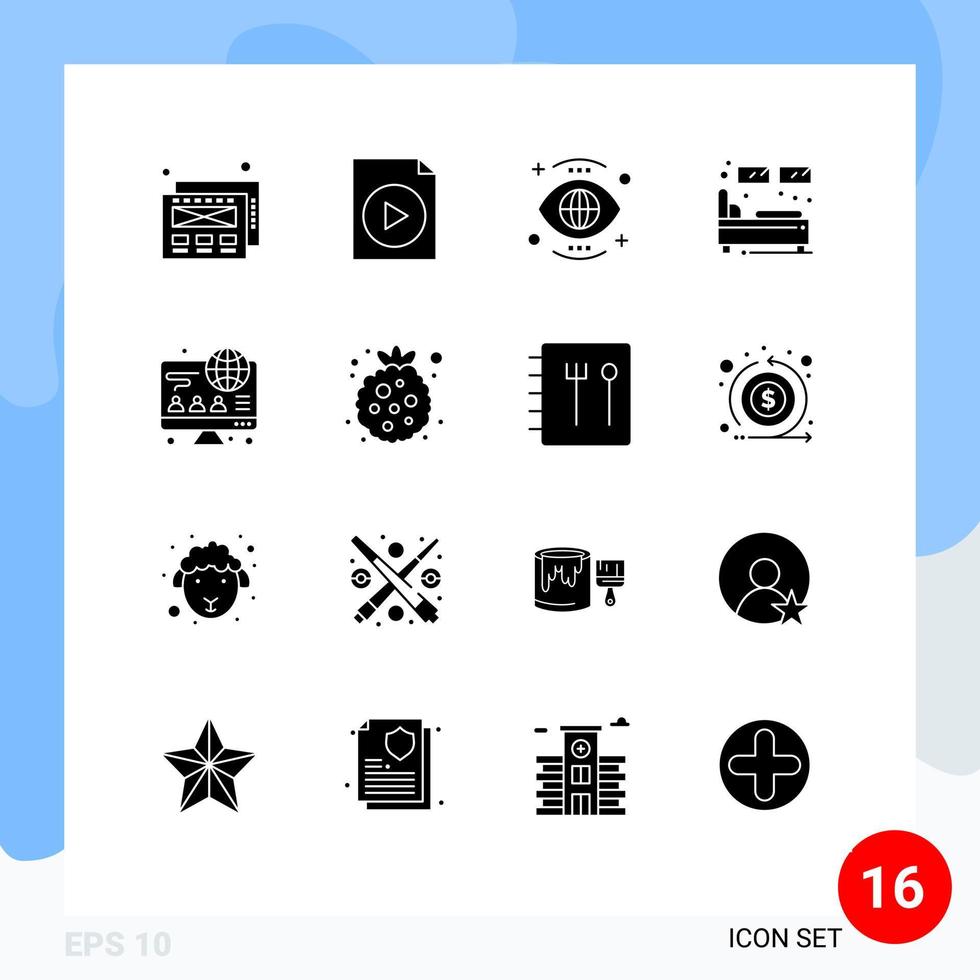 Stock Vector Icon Pack mit 16 Zeilen Zeichen und Symbolen für Business Computer View Frame einzelne bearbeitbare Vektordesign-Elemente