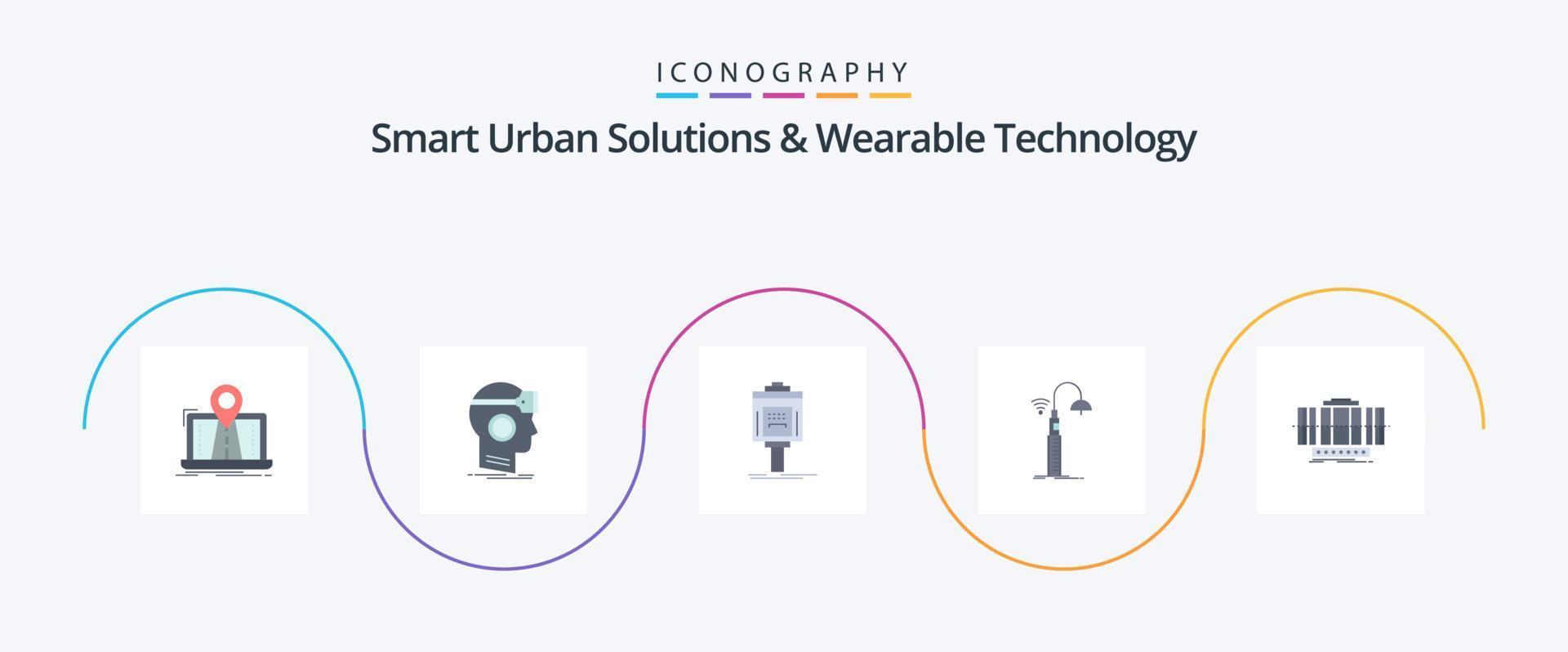 smart urban lösningar och wearable teknologi platt 5 ikon packa Inklusive gata. dal. verklighet. hotell. parkering vektor