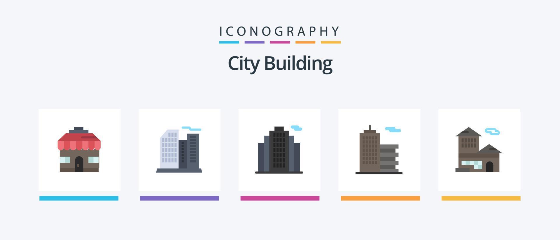 City Building Flat 5 Icon Pack inklusive Büro. Bankkonto. Anwesen. Bank. Konzern. kreatives Symboldesign vektor