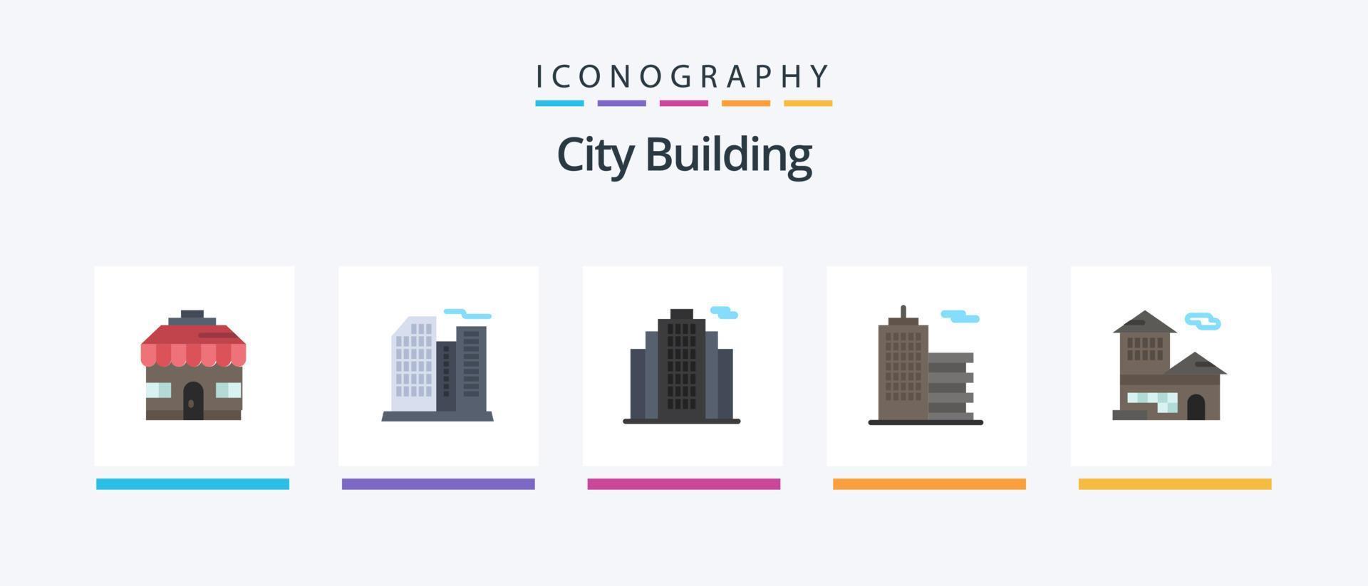 stad byggnad platt 5 ikon packa Inklusive kontor. Bank konto. egendom. Bank. företag. kreativ ikoner design vektor