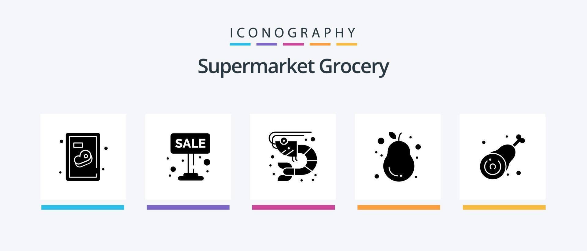 matvaror glyf 5 ikon packa Inklusive kycklingben. päron. fisk. guava.. kreativ ikoner design vektor