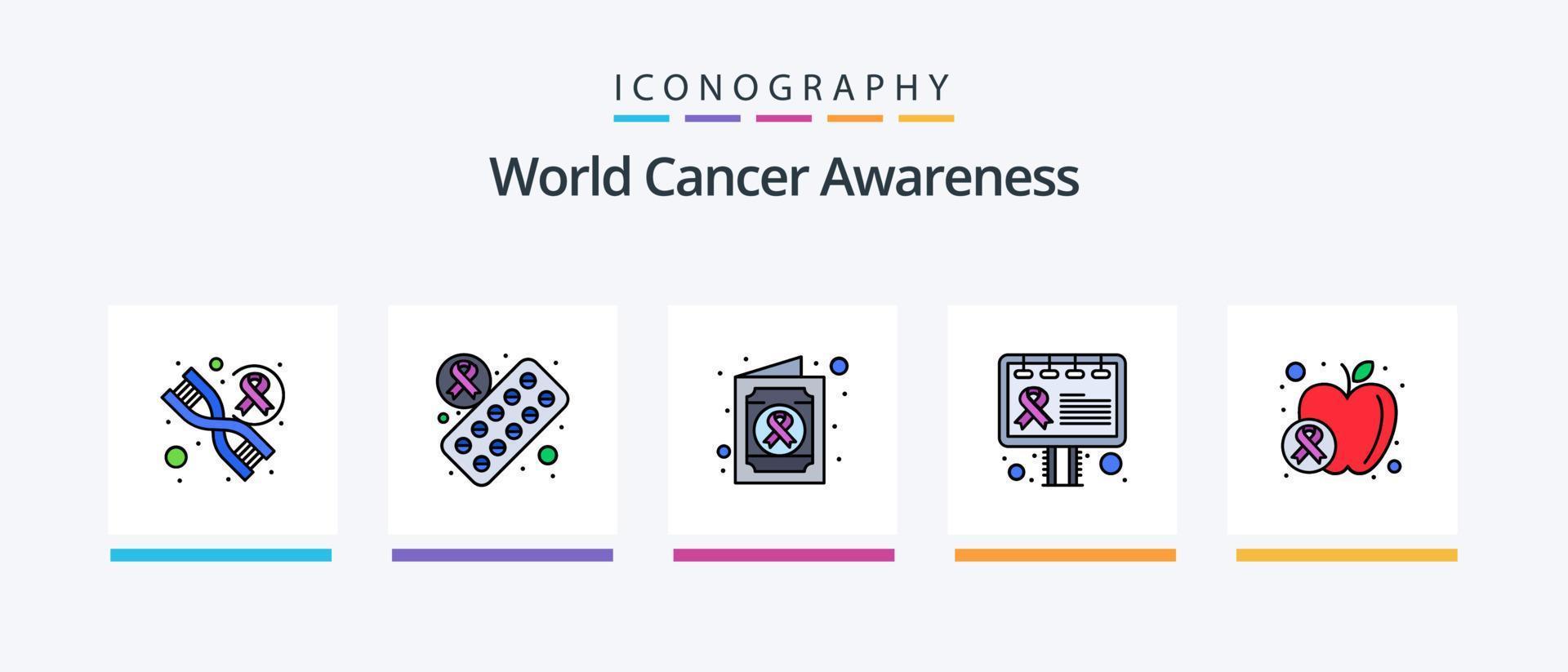 värld cancer medvetenhet linje fylld 5 ikon packa Inklusive strålning. maskin. kön. cancer tecken. hälsa. kreativ ikoner design vektor