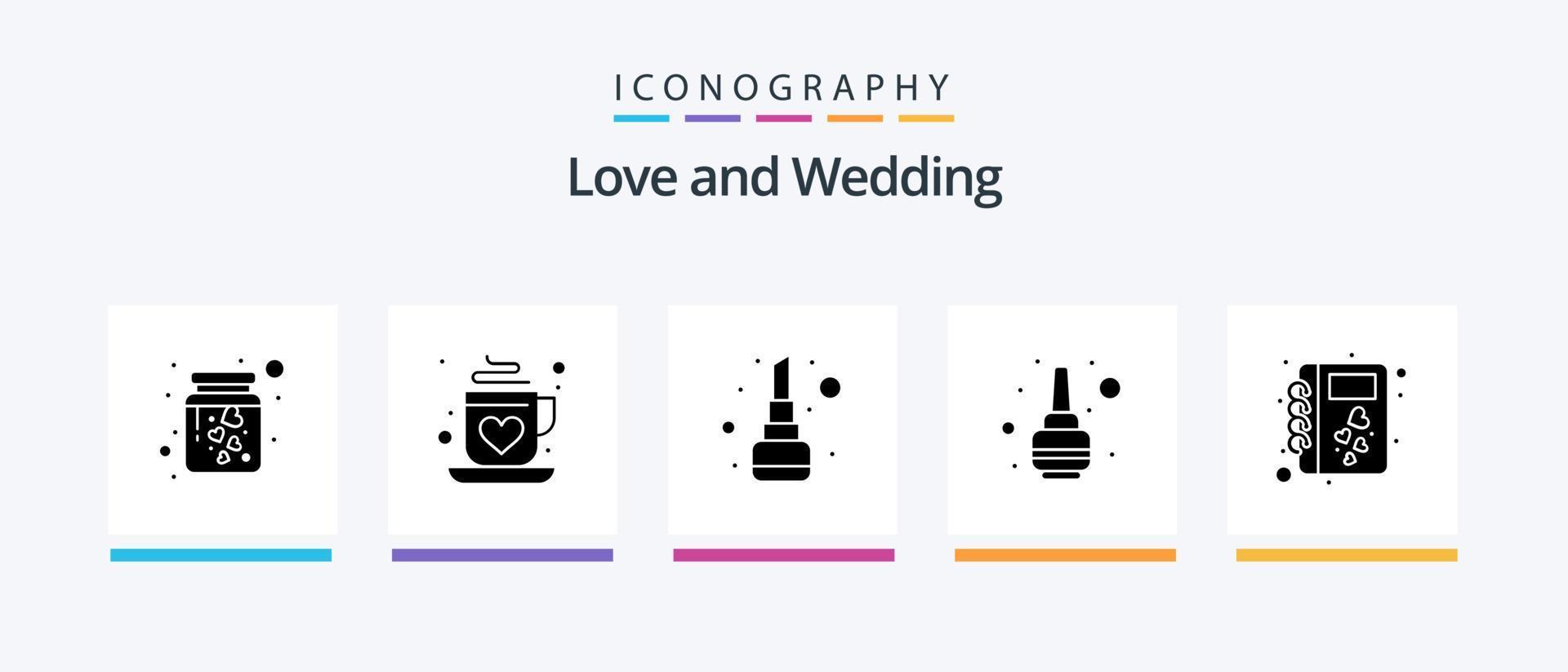 bröllop glyf 5 ikon packa Inklusive kärlek. bok. kosmetika. putsa. nagel. kreativ ikoner design vektor