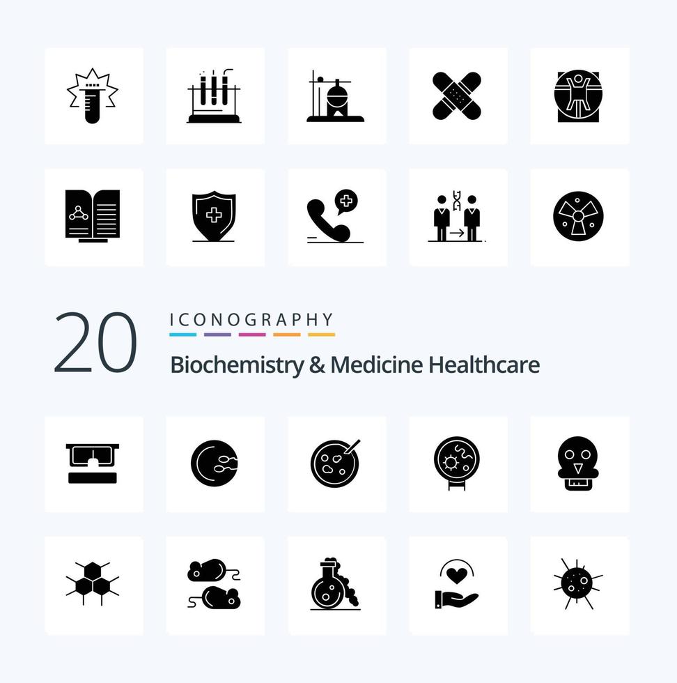 20 Biochemie und Medizin Gesundheitswesen solide Glyphen-Icon-Pack wie Totenschädel suchen petrimedizinische Bakterien vektor