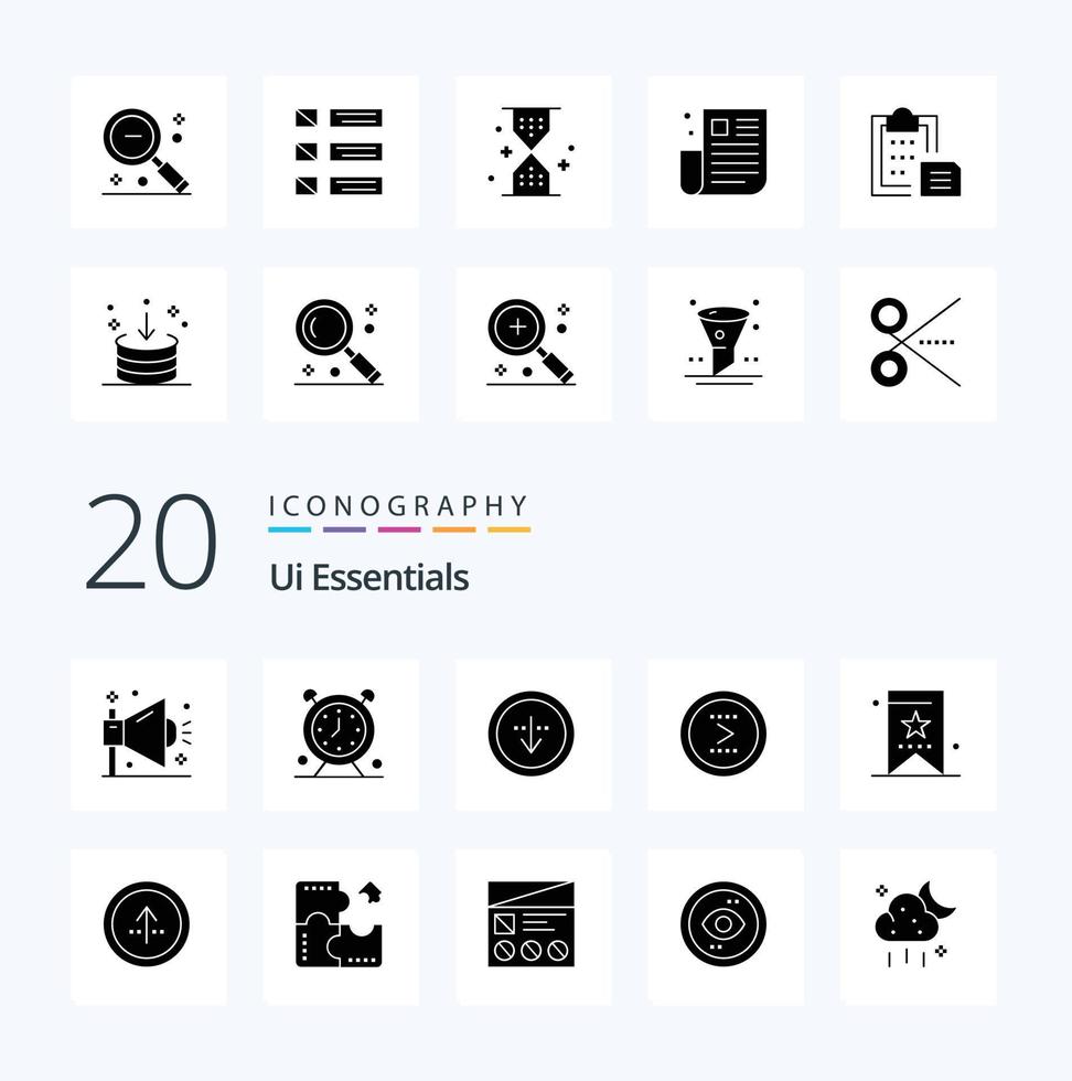 20 UI Essentials Solid Glyph Icon Pack wie List Design Time Out vektor