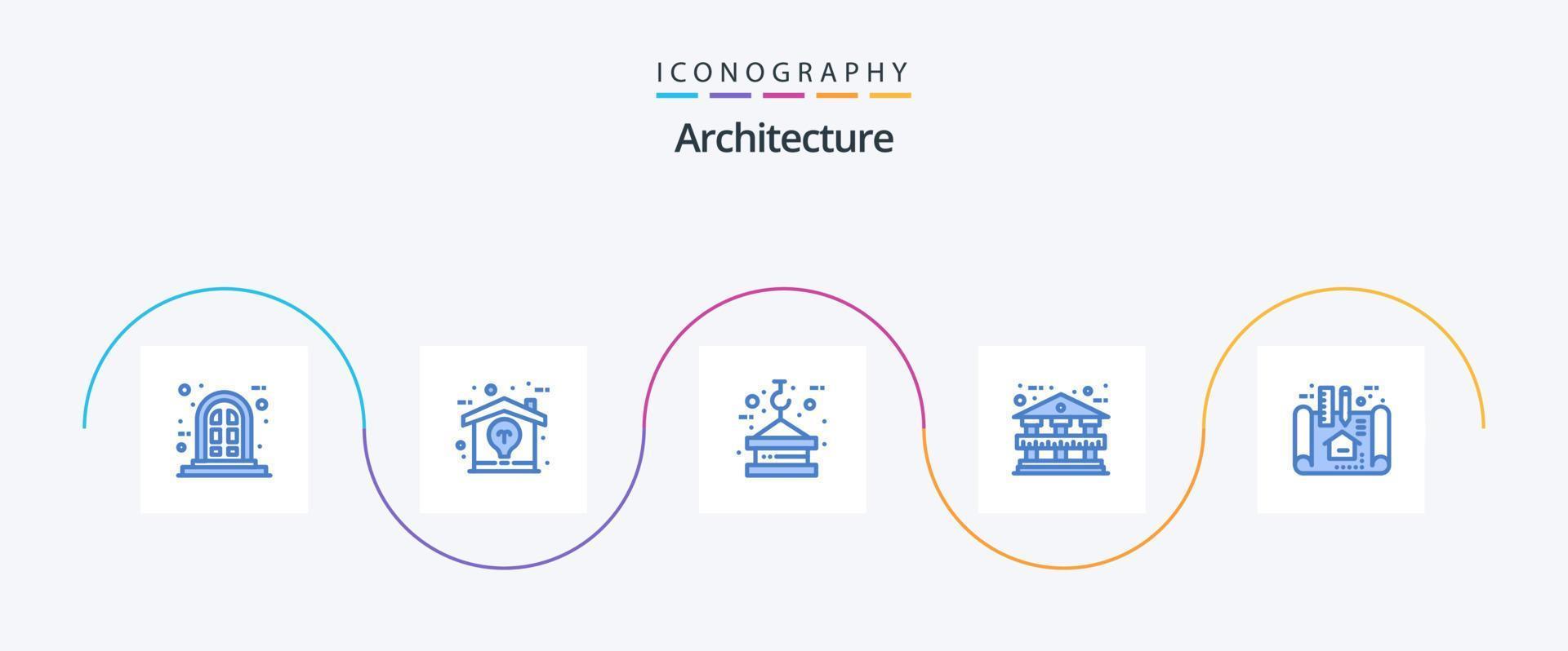 arkitektur blå 5 ikon packa Inklusive planen. lägenhet. krok. Bank byggnad. arkitektur vektor