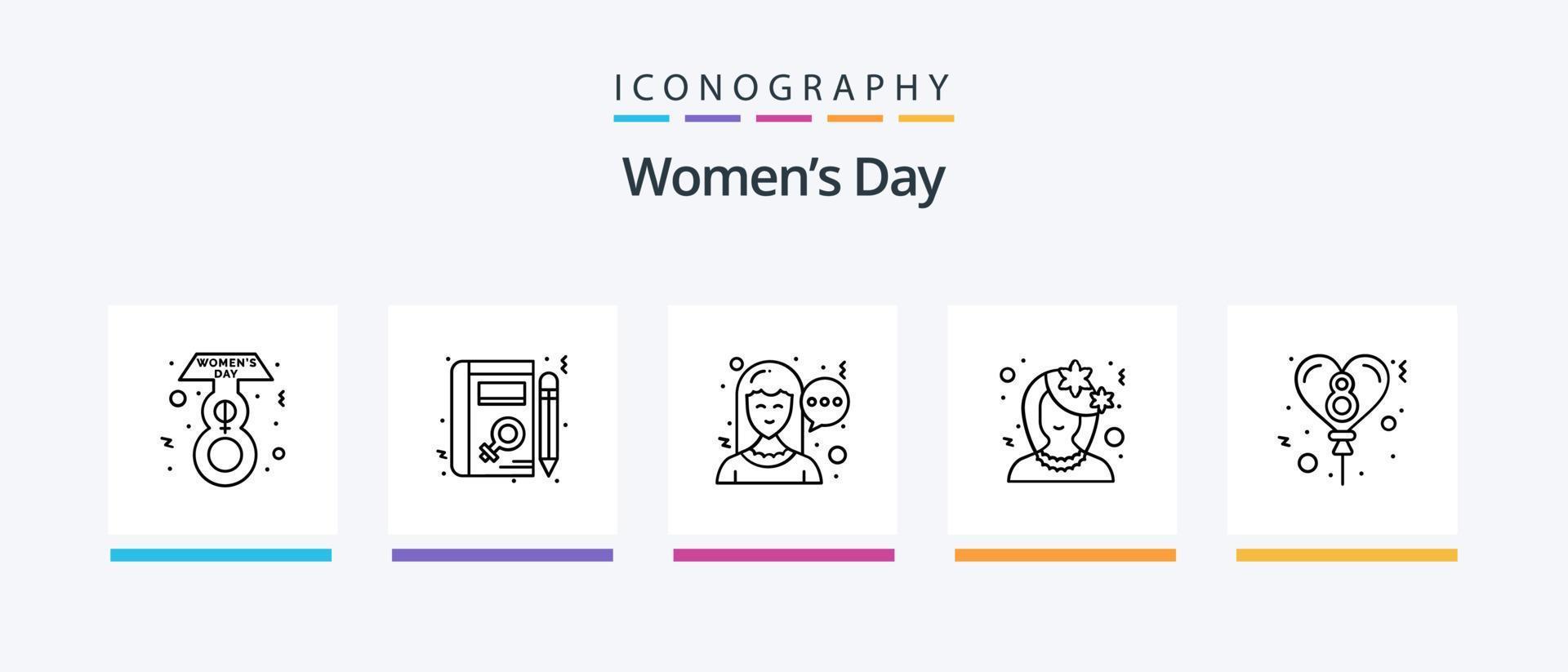Womens Day Line 5 Icon Pack inklusive Lernen. Profil. Frauen. Buchen. Frau. kreatives Symboldesign vektor
