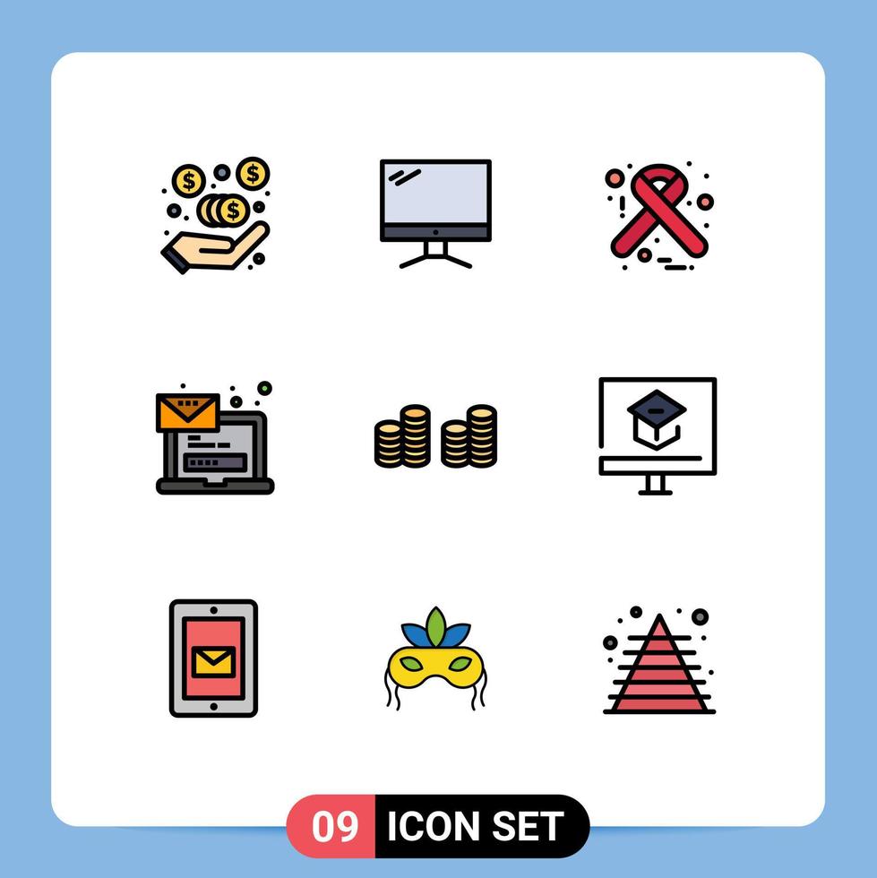 mobil gränssnitt fylld linje platt Färg uppsättning av 9 piktogram av kontanter meddelande HIV bärbar dator dator redigerbar vektor design element