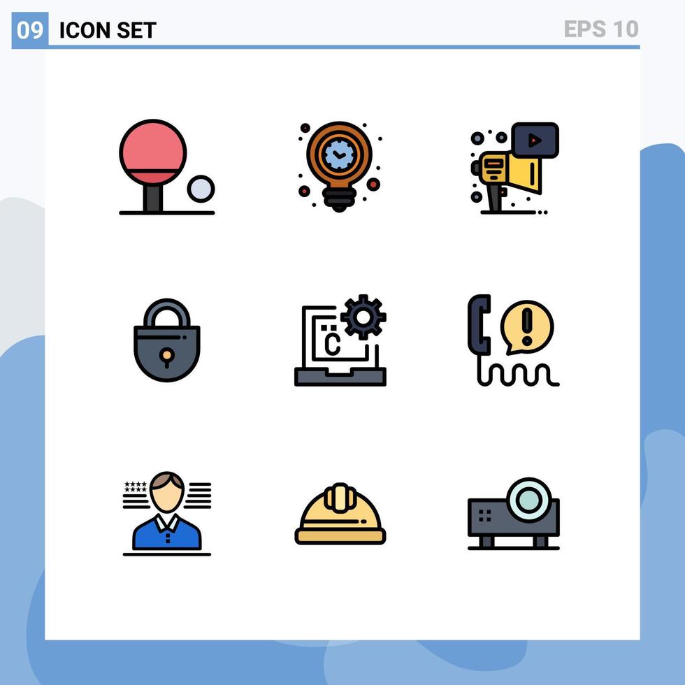 benutzerschnittstellenpaket mit 9 grundlegenden gefüllten flachen farben der codierung c marketing sicherheitsschloss editierbare vektordesignelemente vektor