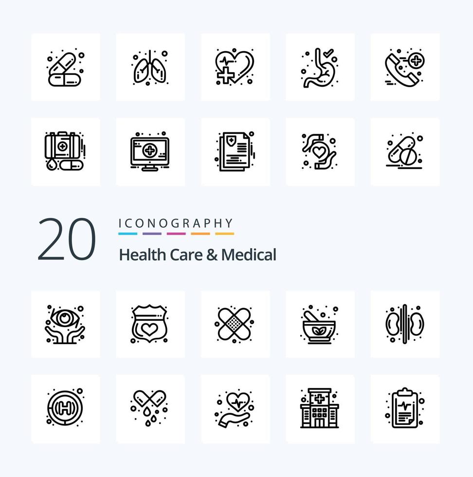 20 Gesundheitswesen und medizinische Linie Icon Pack wie Pflegeapotheke Pflegemedizinschale vektor