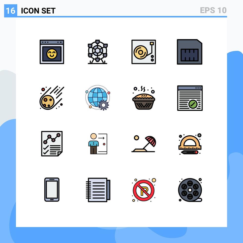 modern uppsättning av 16 platt Färg fylld rader pictograph av meteorit meteorit musik sim kort redigerbar kreativ vektor design element