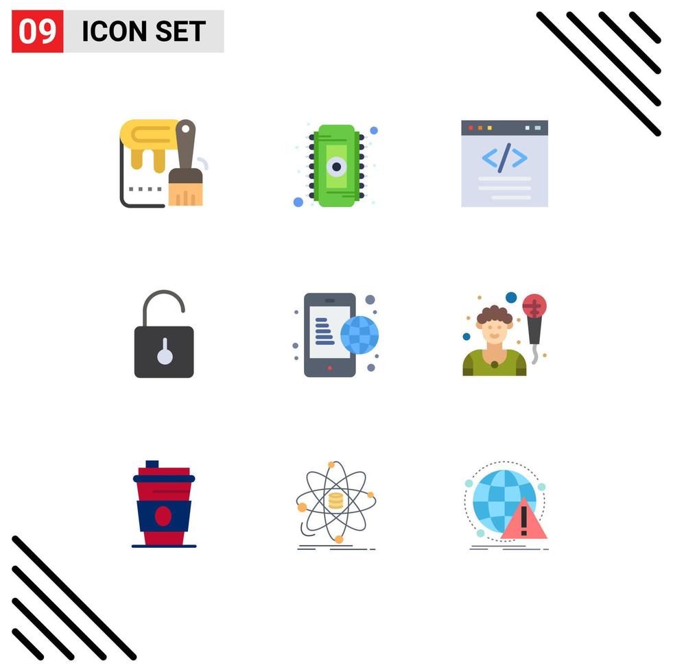 Stock Vector Icon Pack mit 9 Zeilenzeichen und Symbolen zum Entsperren der Sicherheitsbrowser-Vorhängeschloss-Schnittstelle editierbare Vektordesign-Elemente