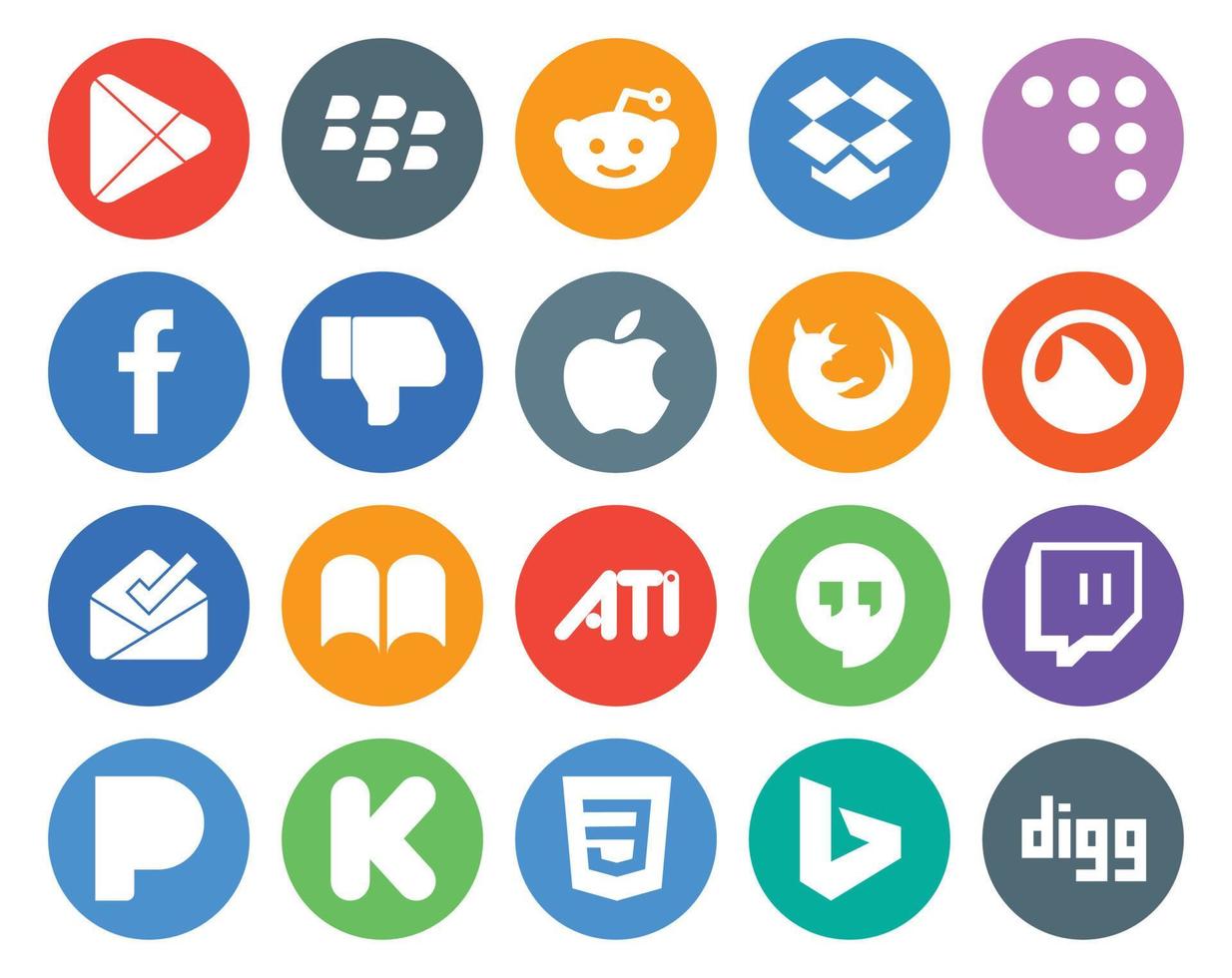 20 Social Media Icon Pack inklusive Pandora Hangouts Apple Ati Posteingang vektor