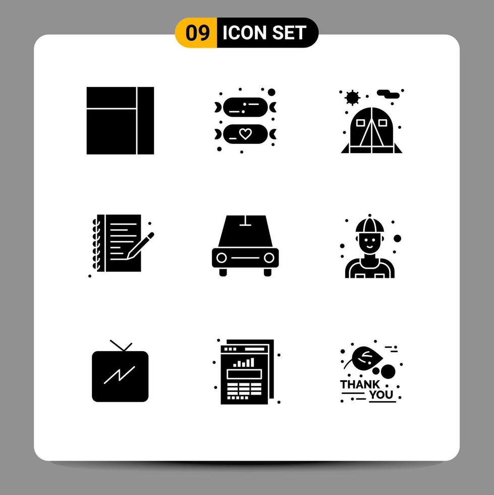 Gruppe von 9 soliden Glyphen Zeichen und Symbolen für Mechaniker Van Zelt Fahrzeuge Notizbuch editierbare Vektordesign-Elemente vektor