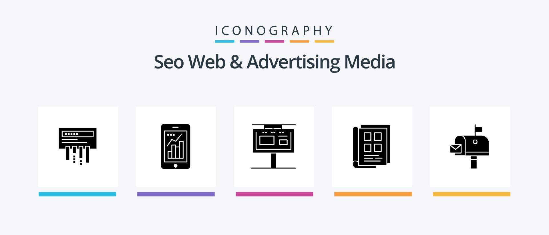 seo webb och reklam media glyf 5 ikon packa Inklusive anteckningsbok. Nyheter papper. mobil Graf. bok. reklam. kreativ ikoner design vektor