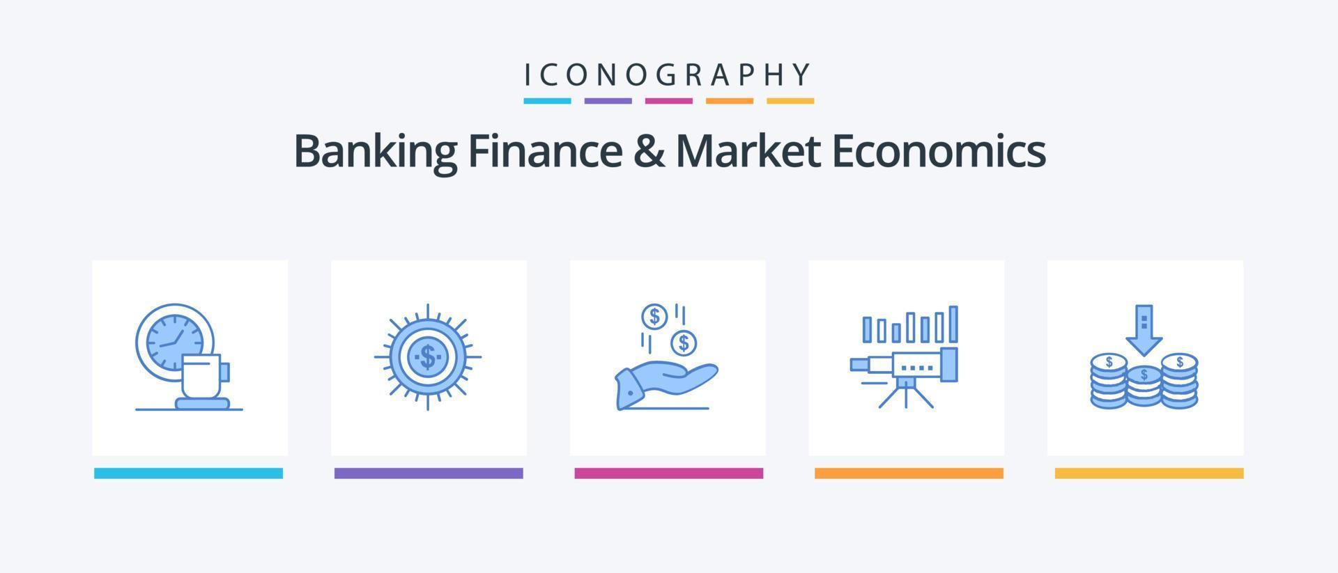bank finansiera och marknadsföra ekonomi blå 5 ikon packa Inklusive teleskop. valuta. finansiera. pengar. hand. kreativ ikoner design vektor