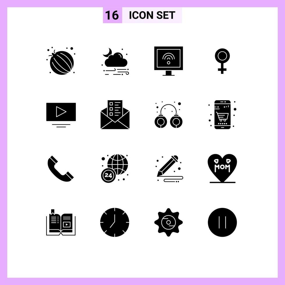 editierbares Vektorlinienpaket mit 16 einfachen soliden Glyphen von Business-Play-Internet-Videosymbolen editierbare Vektordesign-Elemente vektor