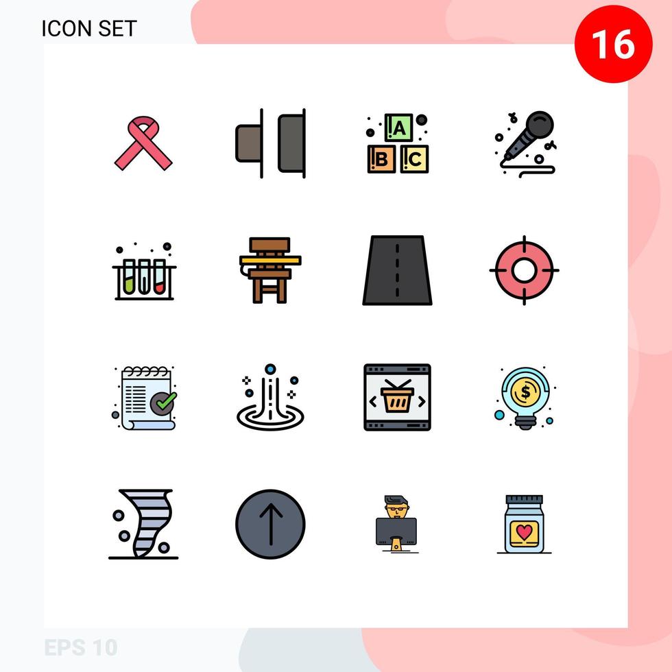flache, farbgefüllte Linienpackung mit 16 universellen Symbolen von Stuhltestblöcken, Labor-Hobby, editierbare kreative Vektordesign-Elemente vektor