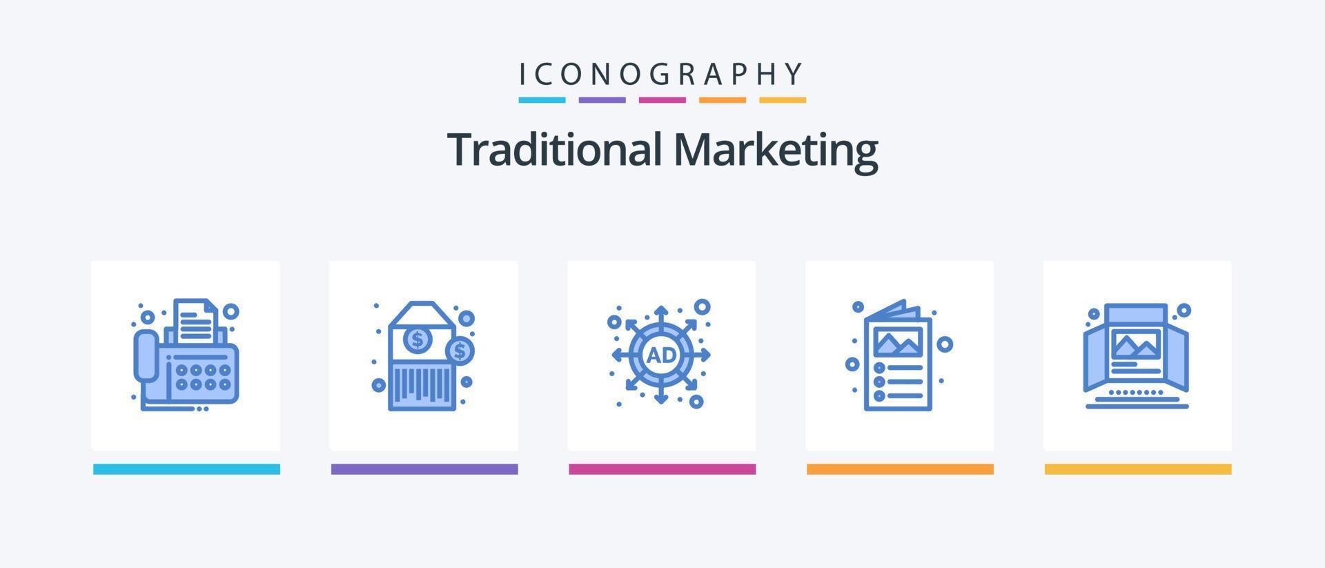 traditionell marknadsföring blå 5 ikon packa Inklusive skriva ut annons. annons. marknadsföring. annons. katalog. kreativ ikoner design vektor