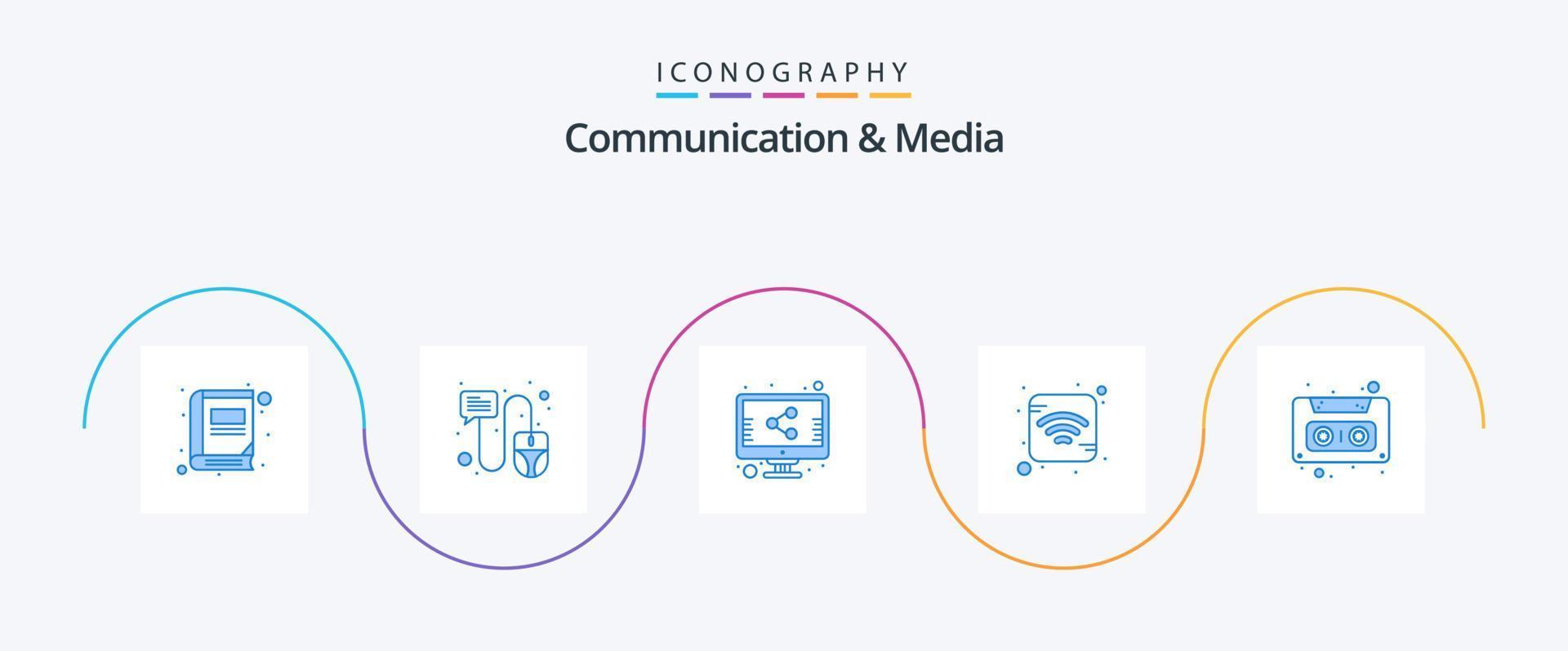 kommunikation och media blå 5 ikon packa Inklusive tejp. audio kassett. fil. audio. signal vektor