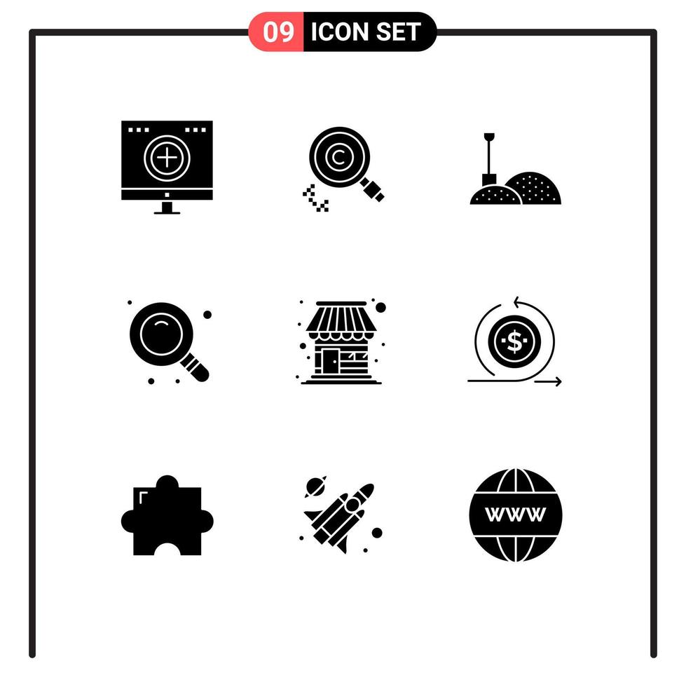 Stock Vector Icon Pack mit 9 Zeilenzeichen und Symbolen für Shop-Find-Inhaber-Recherche-Tools editierbare Vektordesign-Elemente