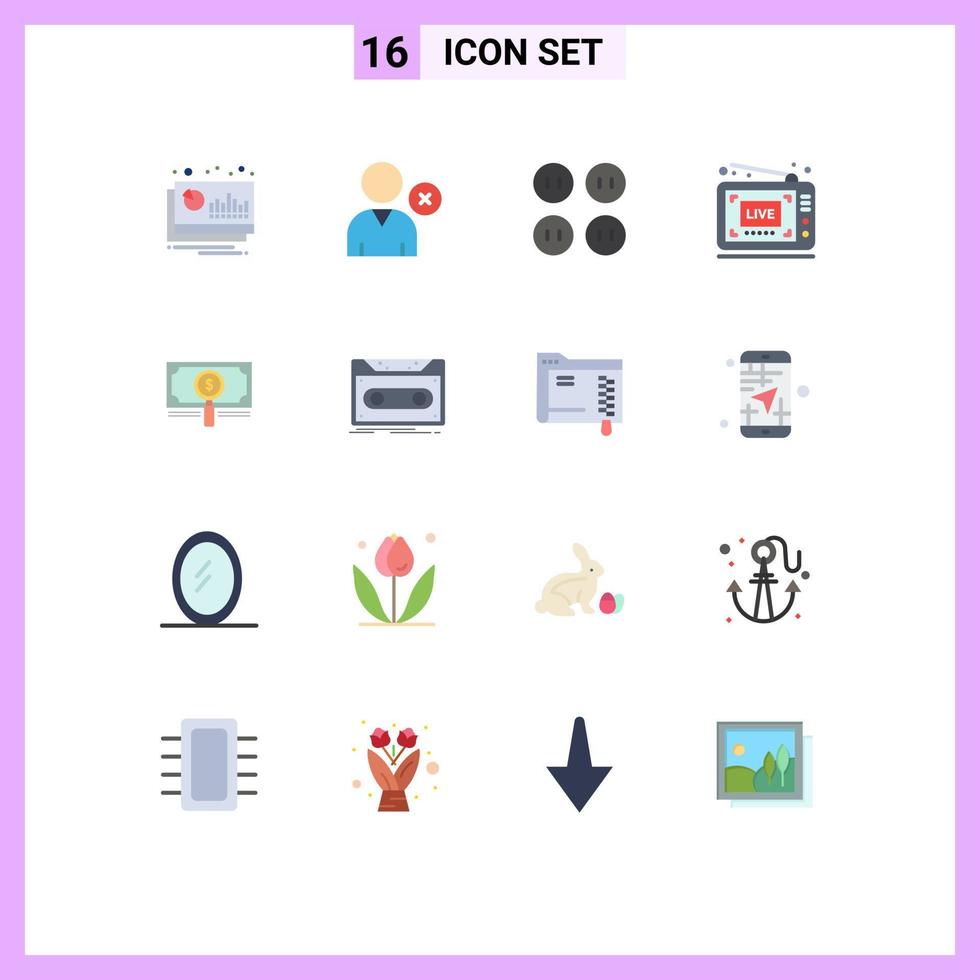 16 flaches Farbkonzept für mobile Websites und Apps suchen Geldschaltflächen Video Live editierbares Paket kreativer Vektordesign-Elemente vektor