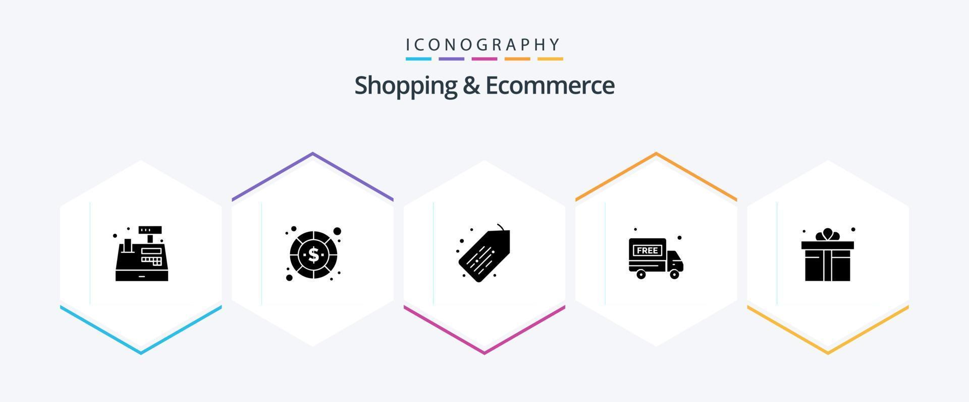 Shopping und E-Commerce 25 Glyphen-Icon-Pack inklusive Einzelhandel. Kasten. Zahlung. Paket kostenlos. Lieferwagen vektor