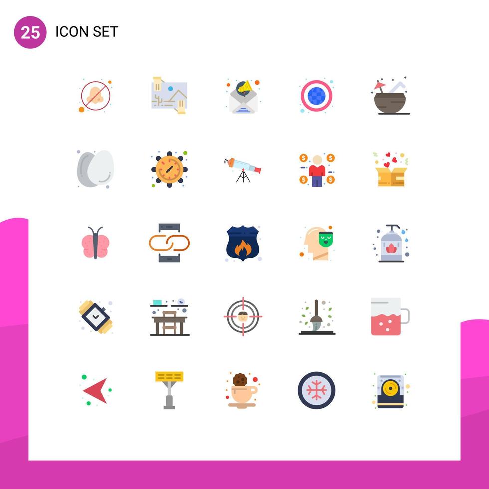 Mobile Schnittstelle flacher Farbsatz von 25 Piktogrammen von Kokosnuss-Globus-Fotonetzwerk-Erde editierbare Vektordesign-Elemente vektor