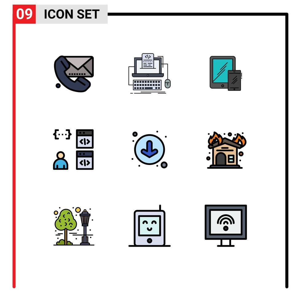 moderner Satz von 9 gefüllten flachen Farben und Symbolen wie Codierungs-App Monoblock-Telefon mobile bearbeitbare Vektordesign-Elemente vektor