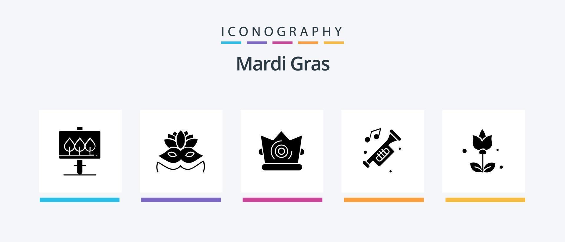 Mardi Gras Glyph 5 Icon Pack inklusive Geschenk. Strauß. König. Trompete. Horn. kreatives Symboldesign vektor