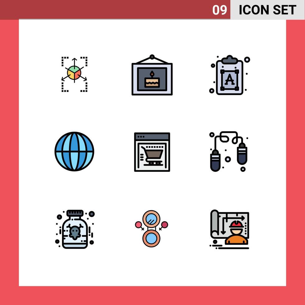 Satz von 9 modernen ui-Symbolen Symbole Zeichen für Einkaufswagen Internet kreative Globus Erde editierbare Vektordesign-Elemente vektor