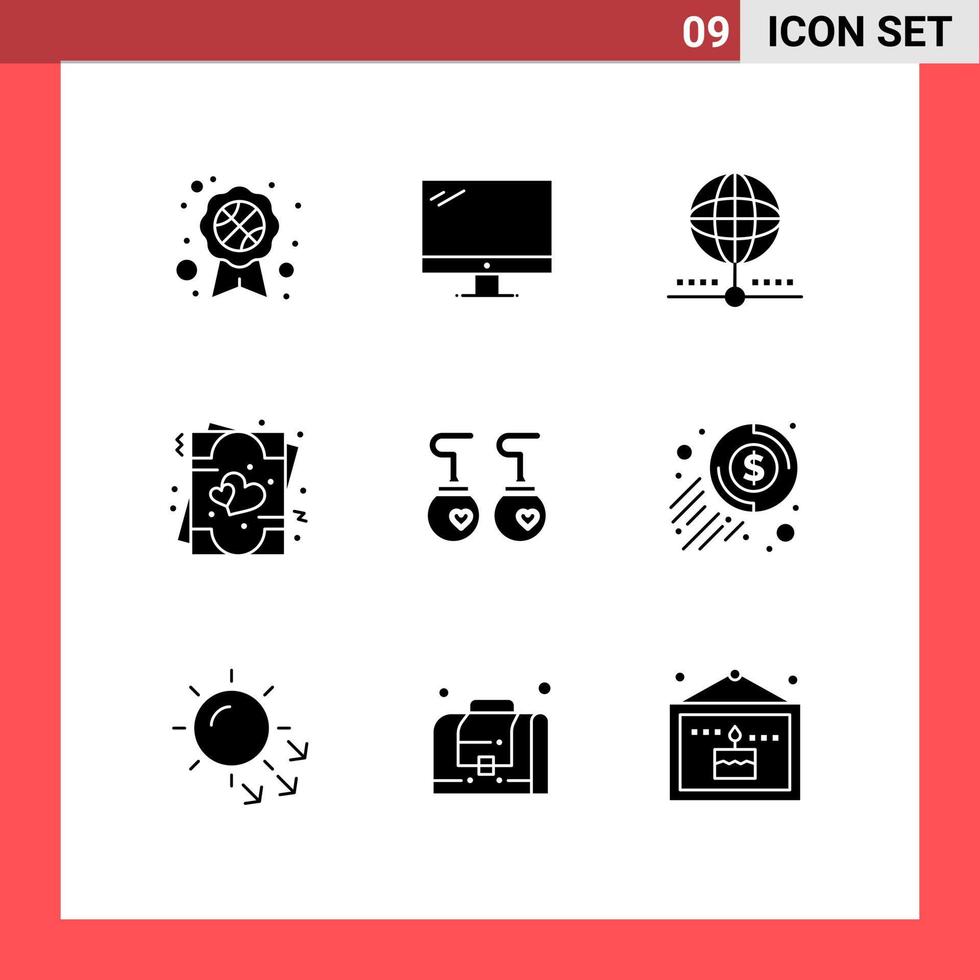 Gruppe von 9 modernen soliden Glyphen für Ohrringe Romance Cloud Love Network editierbare Vektordesign-Elemente vektor