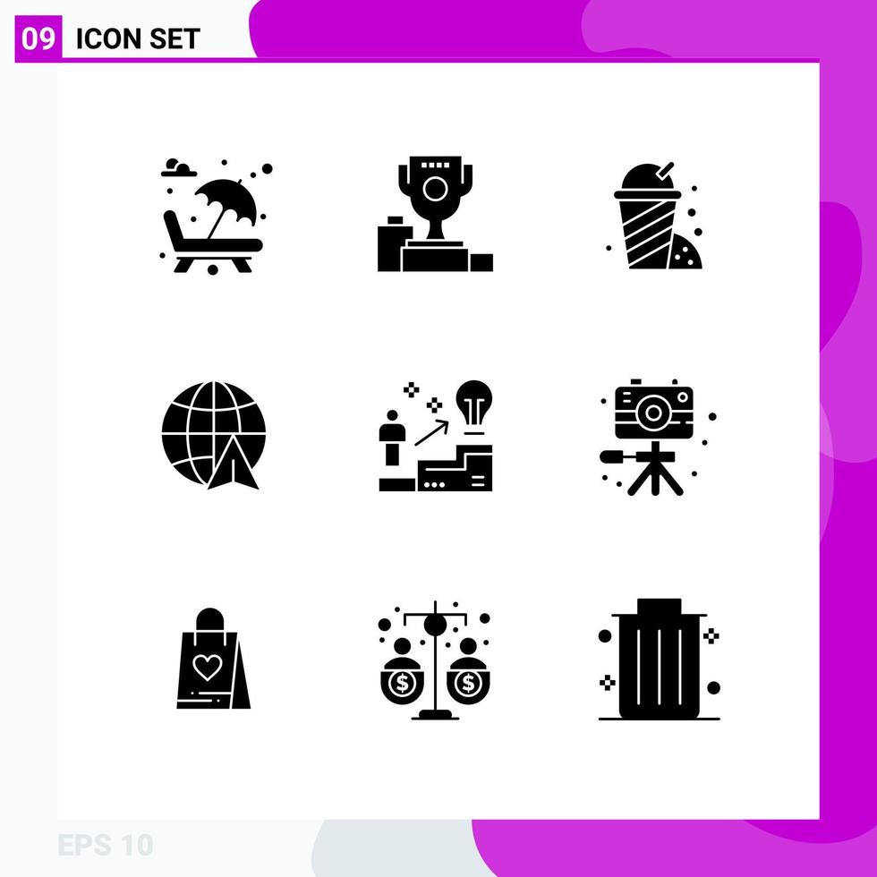 Stock Vector Icon Pack mit 9 Zeilenzeichen und Symbolen für den Erfolg Travel Cup Globe Garden editierbare Vektordesign-Elemente