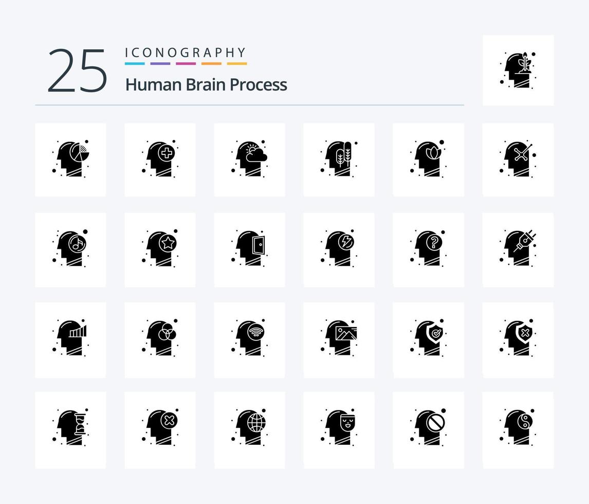 mänsklig hjärna bearbeta 25 fast glyf ikon packa Inklusive mänsklig. ekologi. sinne. tänkande. mänsklig huvud vektor