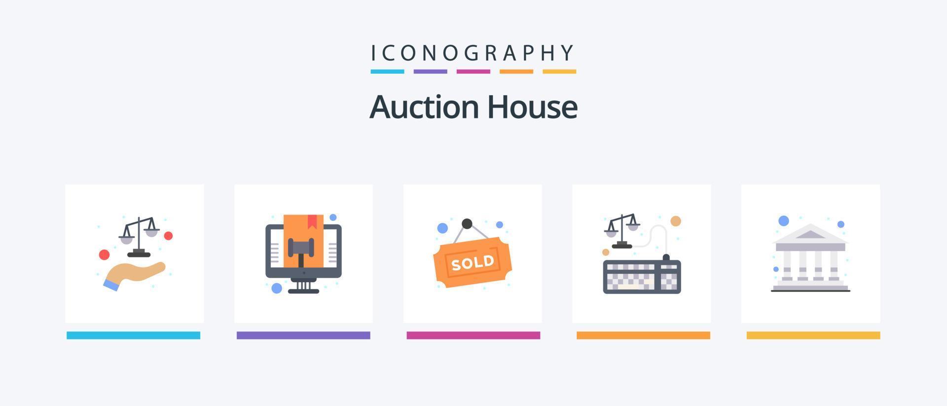 Auktion Flat 5 Icon Pack inklusive online. Gerechtigkeit. Gesetz. Balance. verkauft. kreatives Symboldesign vektor
