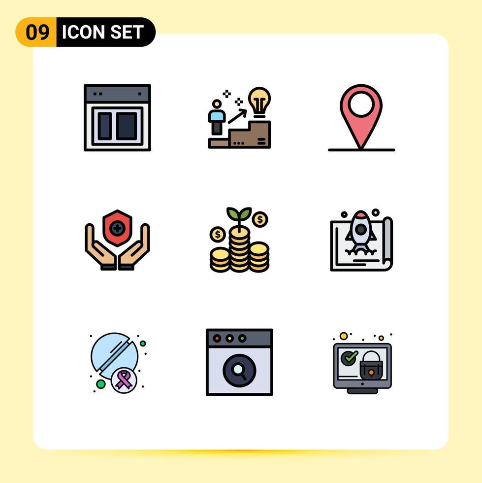 9 universelle Filledline-Flachfarben für Web- und mobile Anwendungen Business-Schild-Idee-Medizin-Pin-editierbare Vektordesign-Elemente vektor