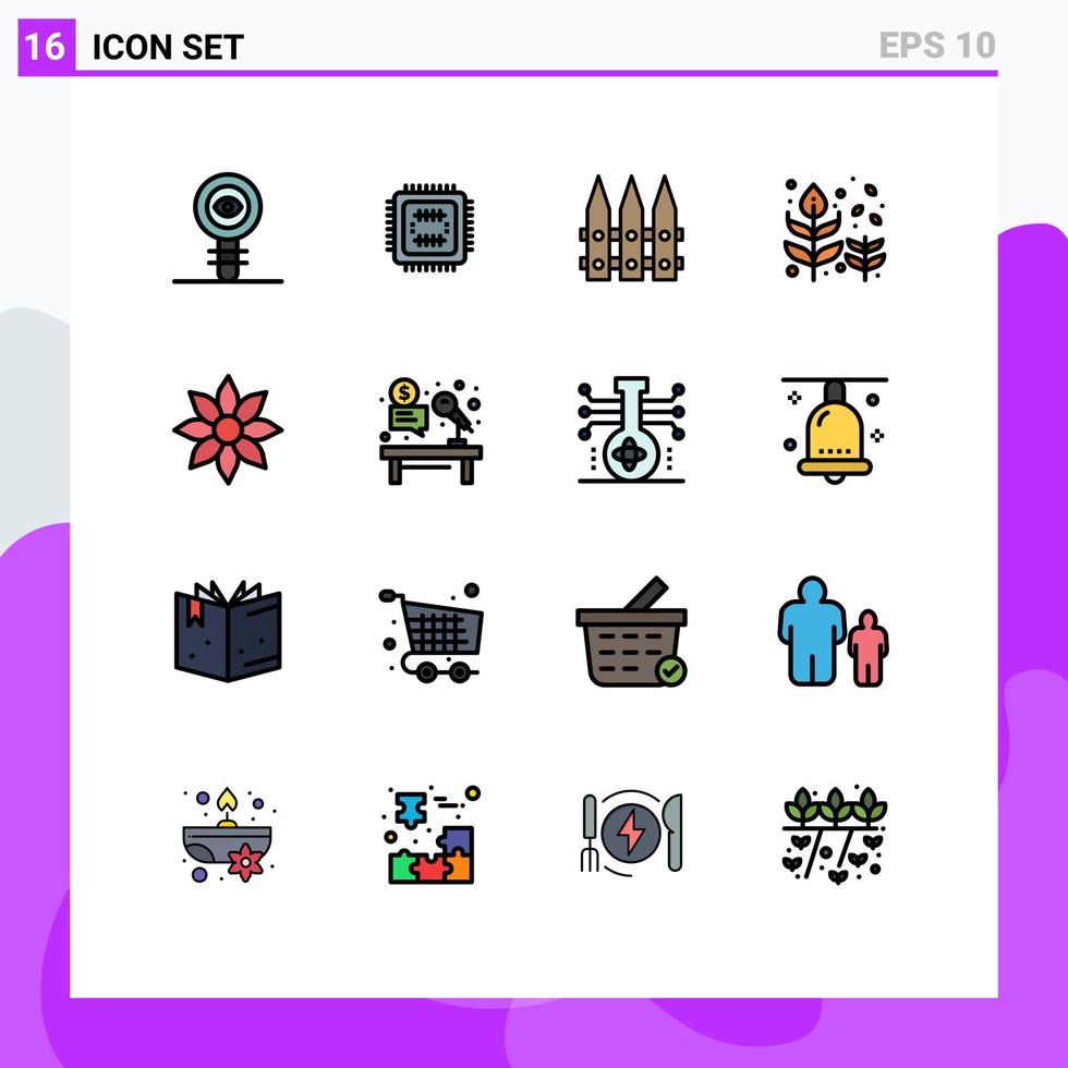 gruppe von 16 flachen farbgefüllten linien zeichen und symbole für baumfall-cpu-schlagfeder editierbare kreative vektordesignelemente vektor