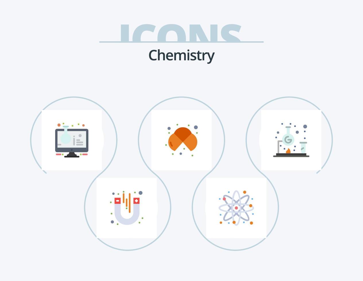 Chemie flach Icon Pack 5 Icon Design. lernen. Zellen. Atom. Atome. Probenröhrchen vektor